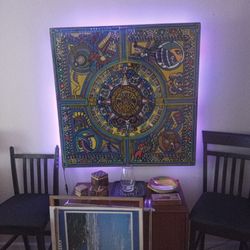 One Of A Kind Hand Painted "AZTEC CALENDAR"  1/1 Local Artist .Wooden  Base Painted With Acrylic Paint Coated In Marine Grade Epoxy . 