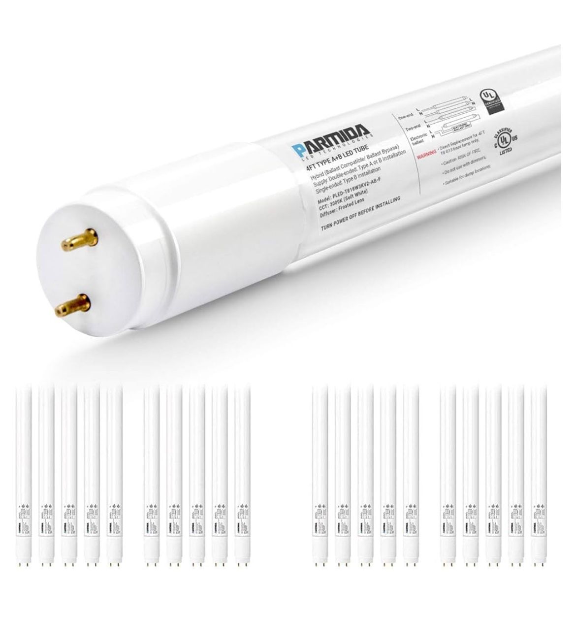 PARMIDA 20-Pack 4FT LED T8 Hybrid Type A+B Light Tubes.