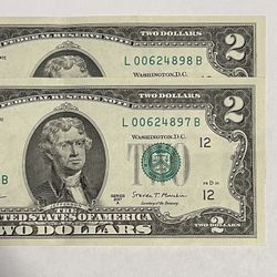 $2 Bills Lot Of 2 In Sequential Order Low Serial Number