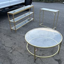 3 piece MCM Brass and Glass Table Set