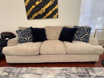 Bobs Furniture Beige 3-Seat Fabric Sofa with Throw Pillows