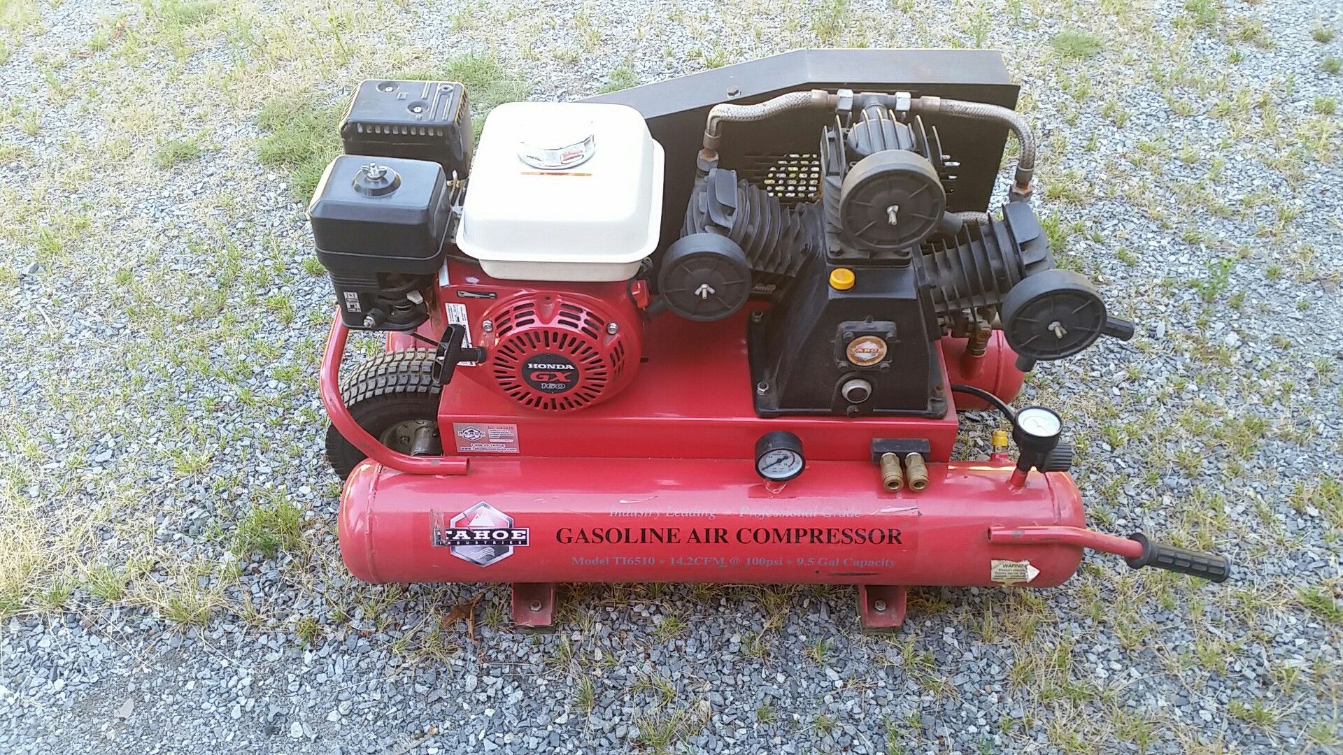 Tahoe industries gas powered air compressor. Model t16510*14.2 cfm @ 100psi*9.5 gal professional grade powered by Honda gx 160