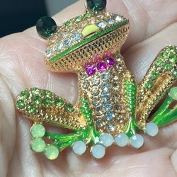 Enamel And Rhinestone Frog Brooch