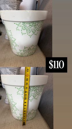 White Ceramic Planter with Green Floral Pattern