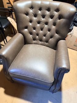 Gray Leather Tufted Armchair with Nailhead Trim