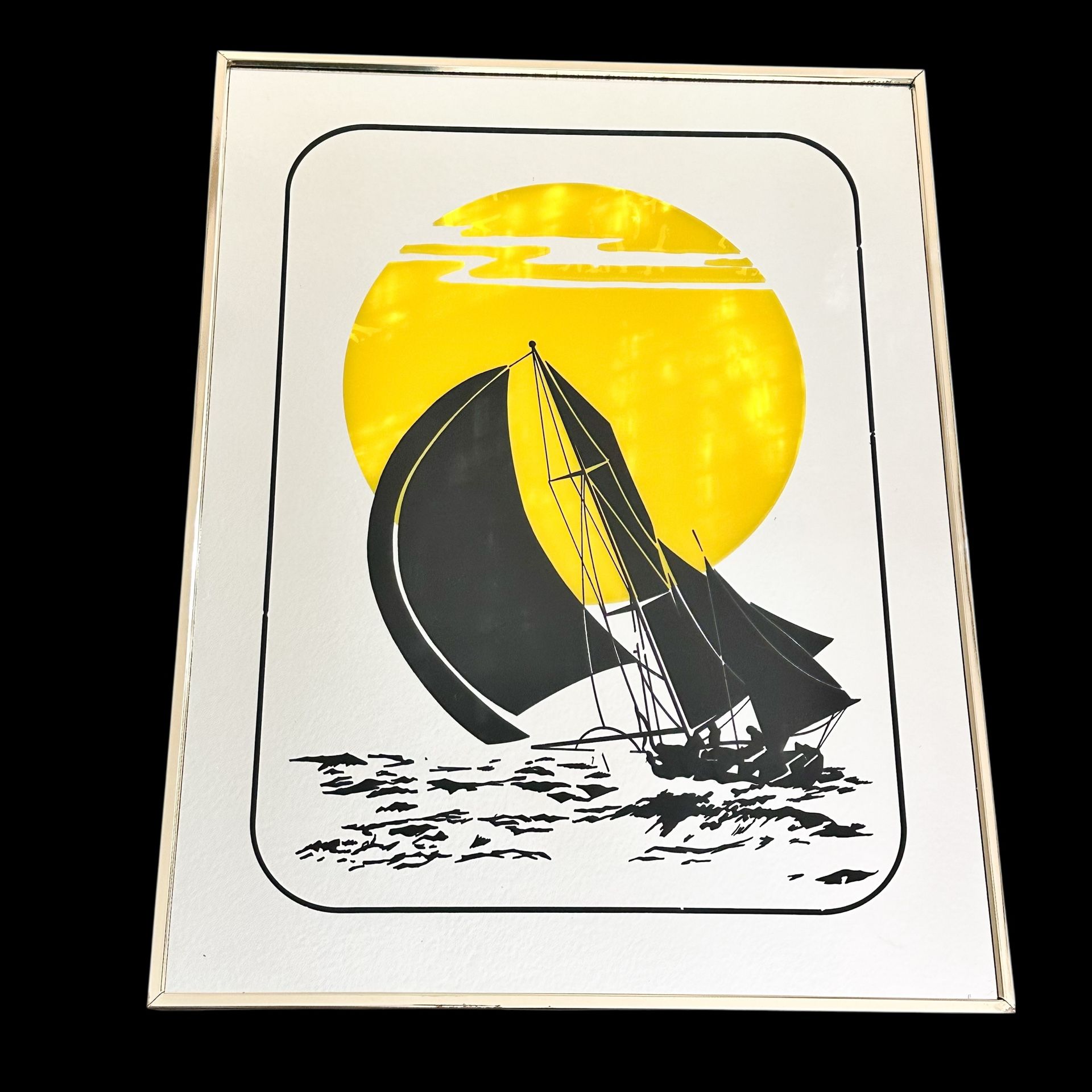 Vintage 70s Mirrored Sailboat Framed Wall Art MCM Retro Home Decor Black Yellow Mod Mid Century