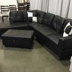 New Black Leather Sectional Sofa Couch With Storage Ottoman And Pillows 