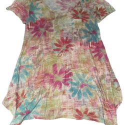 Fresh Produce Women Large Pink Floral Cotton Asymmetrical Hem Top Blouse USA