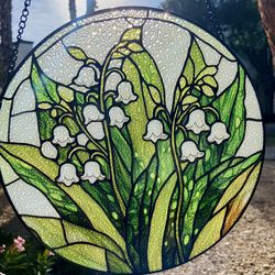 Hand-Painted Lily of the Valley Stained Glass Panel – 10” Round Floral