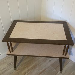 Vintage  MCM  side TABLE  two level tier  atomic retro  angled legs metal base tabs  pink faux marble top