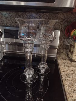 Glass Candle Holders, 14 Inches Tall And 5 Inches In Diameter. Made In Poland.