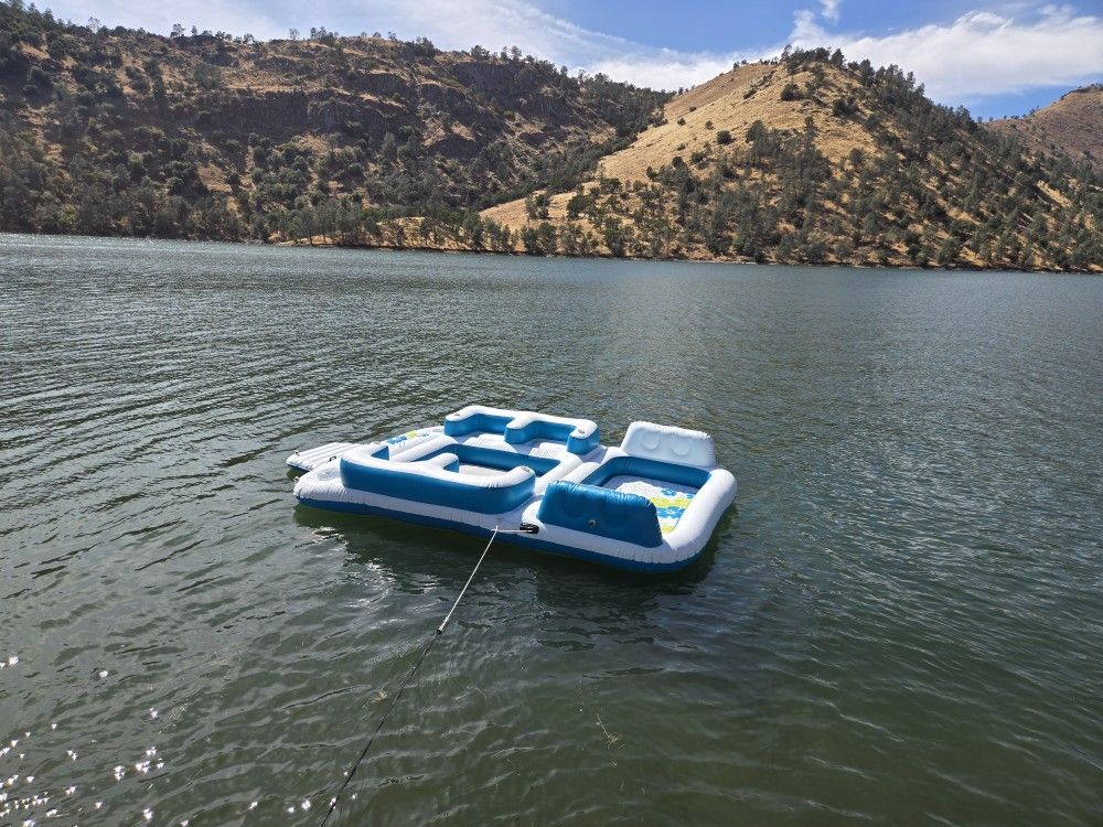 Inflatable Floating Island Lounge Raft with Cup Holders and Coolers - Tropical Breeze - 6 Person