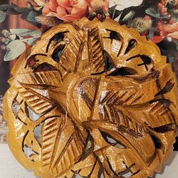 #2177, EXQUISITE HAND CARVED WOODEN FLOWER BROOCH, 2"IN ART DECO.
