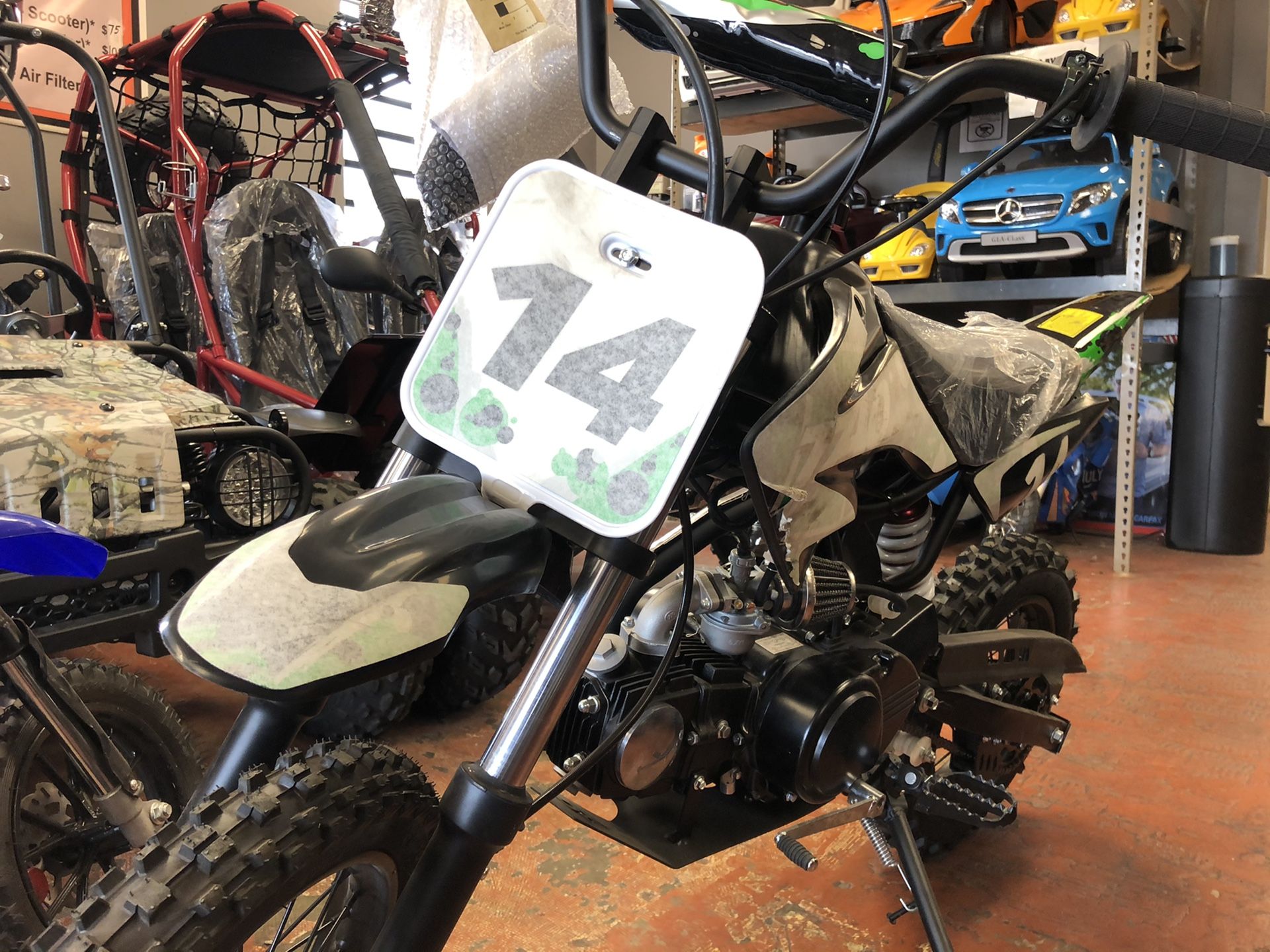 110cc Semi Automatic Dirt Bike for kids. No clutch. Available in different colors. In-house special.