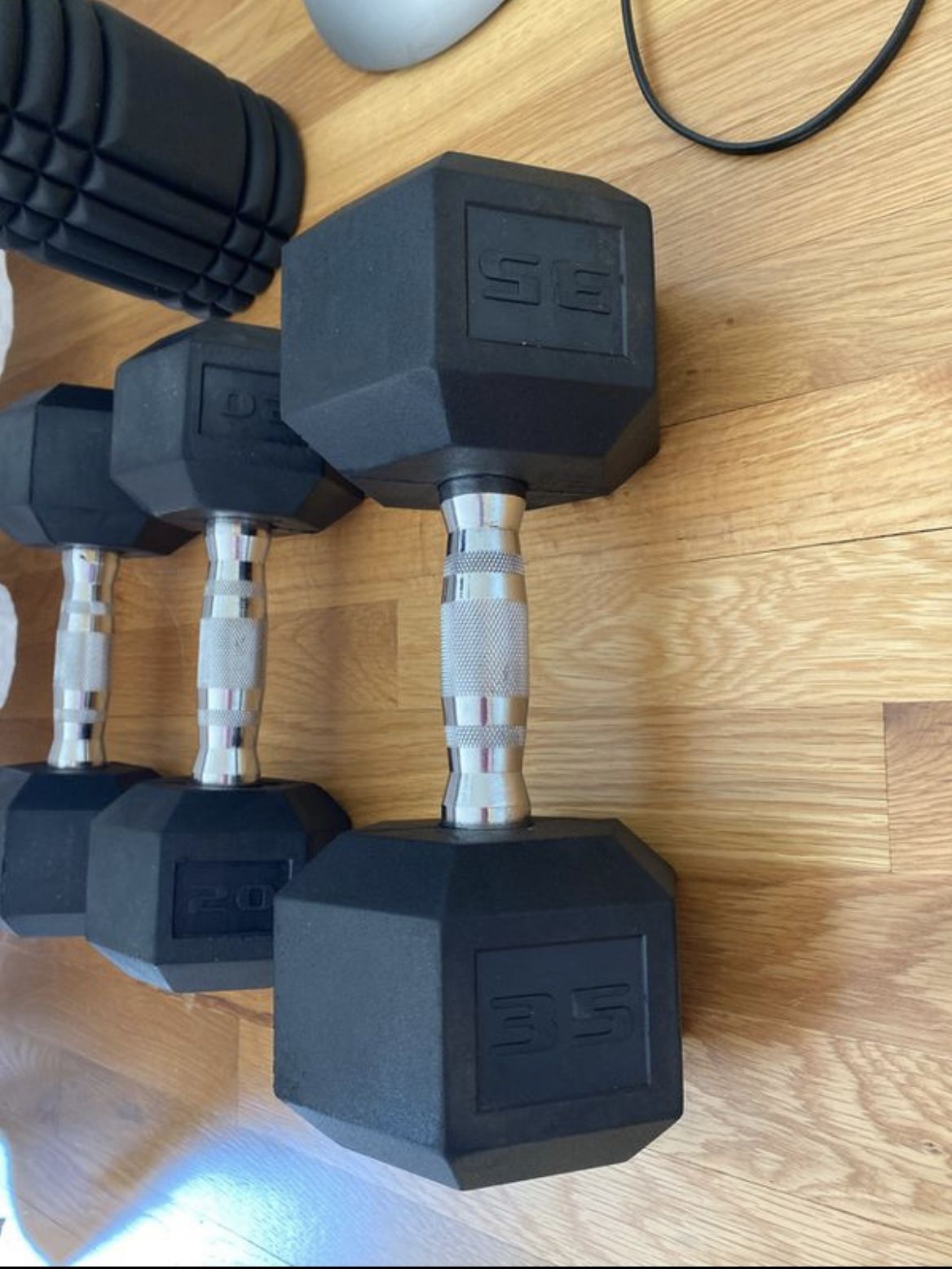(1) 35lb hex dumbbell (2) 20lb dumbbells