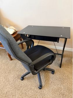 Black glass, top desk and rolling Office chair