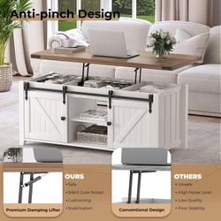 48" Farmhouse Lift Top Coffee Table with Storage, Large Hidden Compartment, Wooden Lifting Tabletop with Adjustable Shelf
