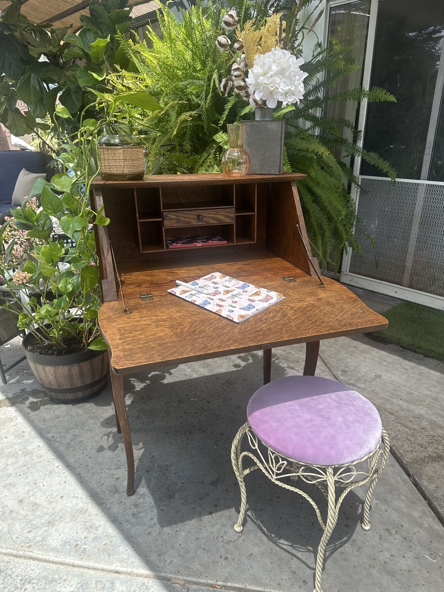 Vintage Solid Oak Secretary Desk with Stool