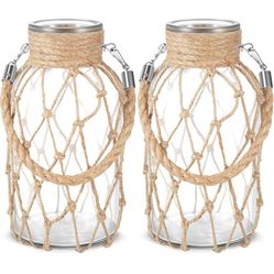 Set of 2 Rope Net Dry Flower Glass Vase 7.9 x 4 Inches Wicker Farmhouse Vase Coastal Decor for Wedding Tables Home Rustic Hanging Mason Jar Rope Wrapp
