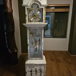 White Grandfather Clock Oriental Lacquer Inlaid