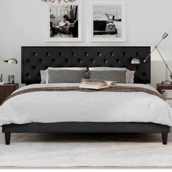 King Size Platform Bed Frame, Adjustable Faux Leather Headboard  Black S-3