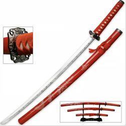 Red Dragon Three Piece Imperial Samurai Sword Set With Stand
