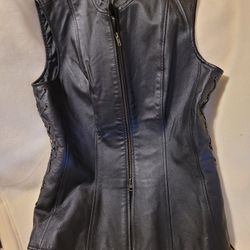 Ladies black zippered leather vest with side laces 