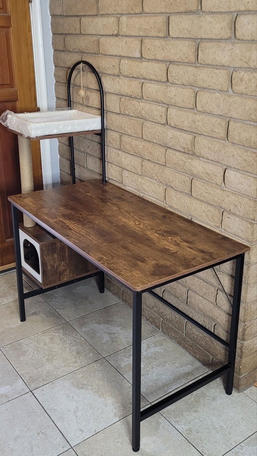 Rustic Computer Desk with Cat Condo