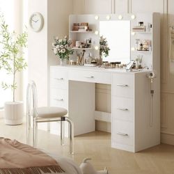 New Large Vanity Desk with LED Lighted Mirror & Power Outlet,Makeup Vanity Table with 7 Drawers,4 Shelves and 5 Hooks, Vanity Table, Vanity Desk Set f