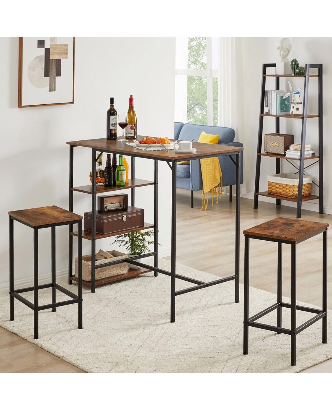 40”H Bar Table with 3 Storage Shelves, High Dining Table for Kitchen, Rustic Brown Counter Table, Industrial Standing Computer Desk