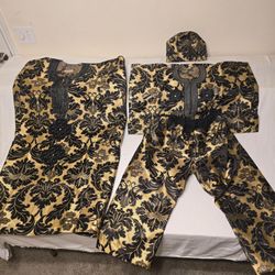 Men's Nigerian Traditional Outfit Set with Matching Cap – Black & Gold Formal Attire