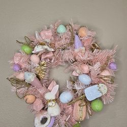 Pastel Pink Sweet Desserts Capiz Jeweled Easter Wreath with Flocked Bunnies