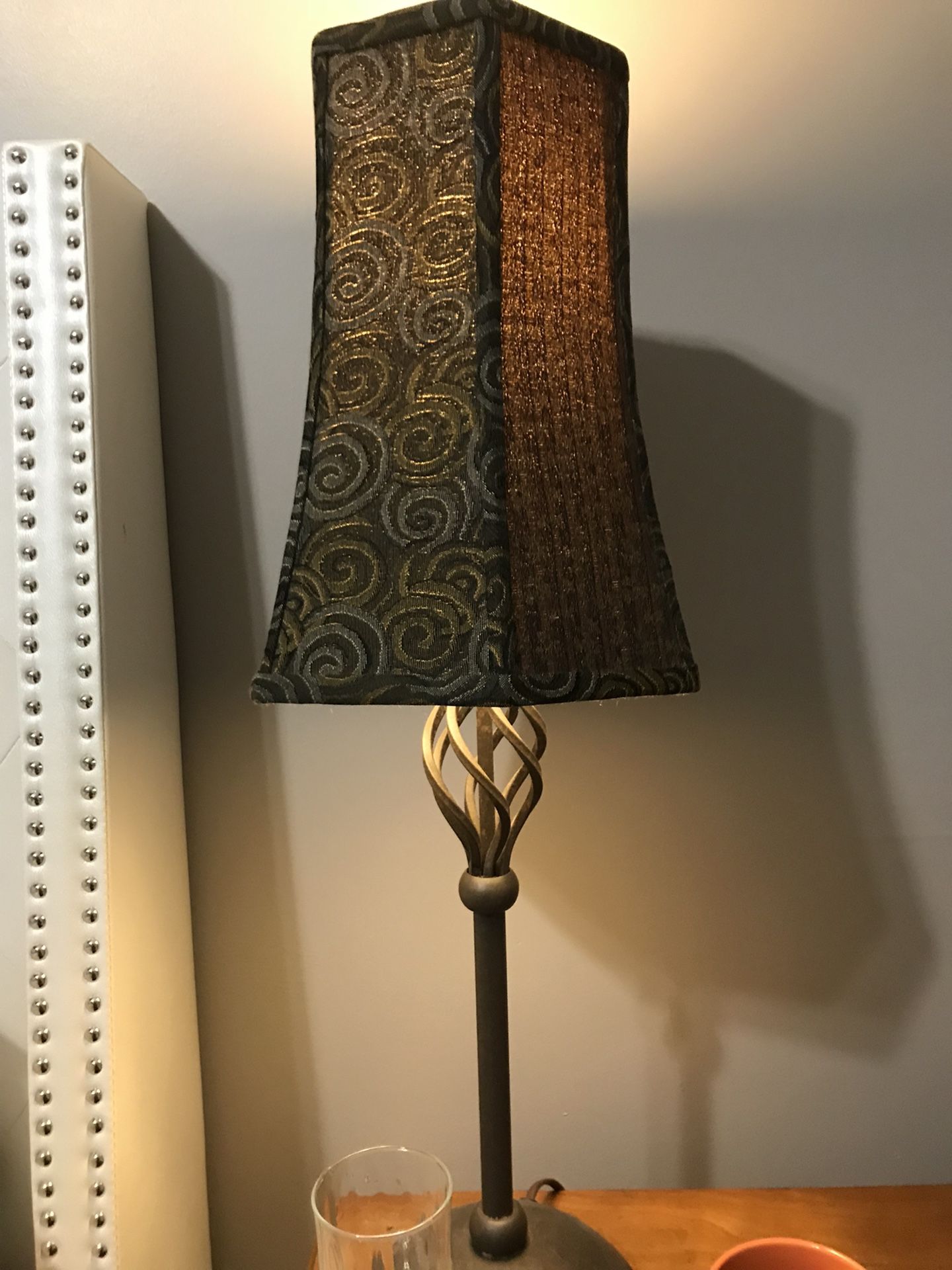 Iron lamps with faux silk and fabric shades (pending pickup)