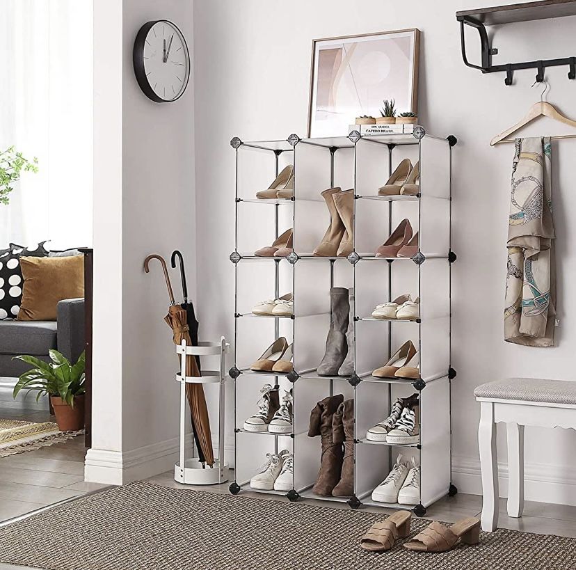 Shoe Rack, Interlocking Storage Organizer Unit, 20-Slot Rectangular Cube Storage with Hooks, Adjustable Shelves, Modular Cabinet, for Closet Entryway