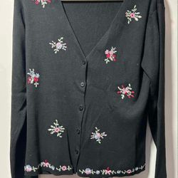 Crystal Kobe Floral Embroidered Cardigan Long Sleeve Sweater Cotton Womens Large 