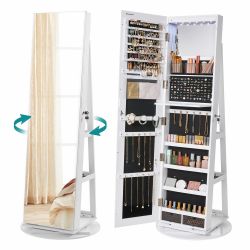 LEDs Lockable Mirror Jewelry Cabinet, 360° Swivel Jewelry Organizer Armoire Standing, Frameless Full-Length Mirror, 3 Storage Shelves, White Surface, 
