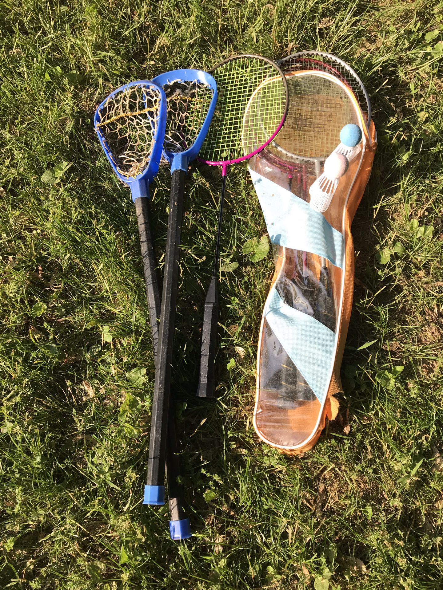 Youth lacrosse sticks and badminton