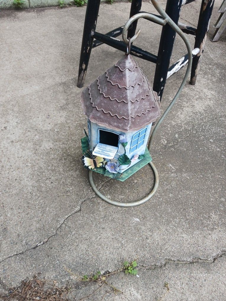 Rustic Whimsical Metal Blue Bird House Includes Stand