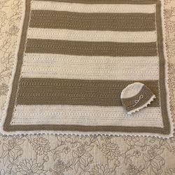 Newly Hand-Crocheted Baby Afghan with Hat