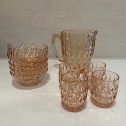 JEANNETTE Pink Windsor Diamond Pitcher With Glass LowBall Tumblers 4pc Set.