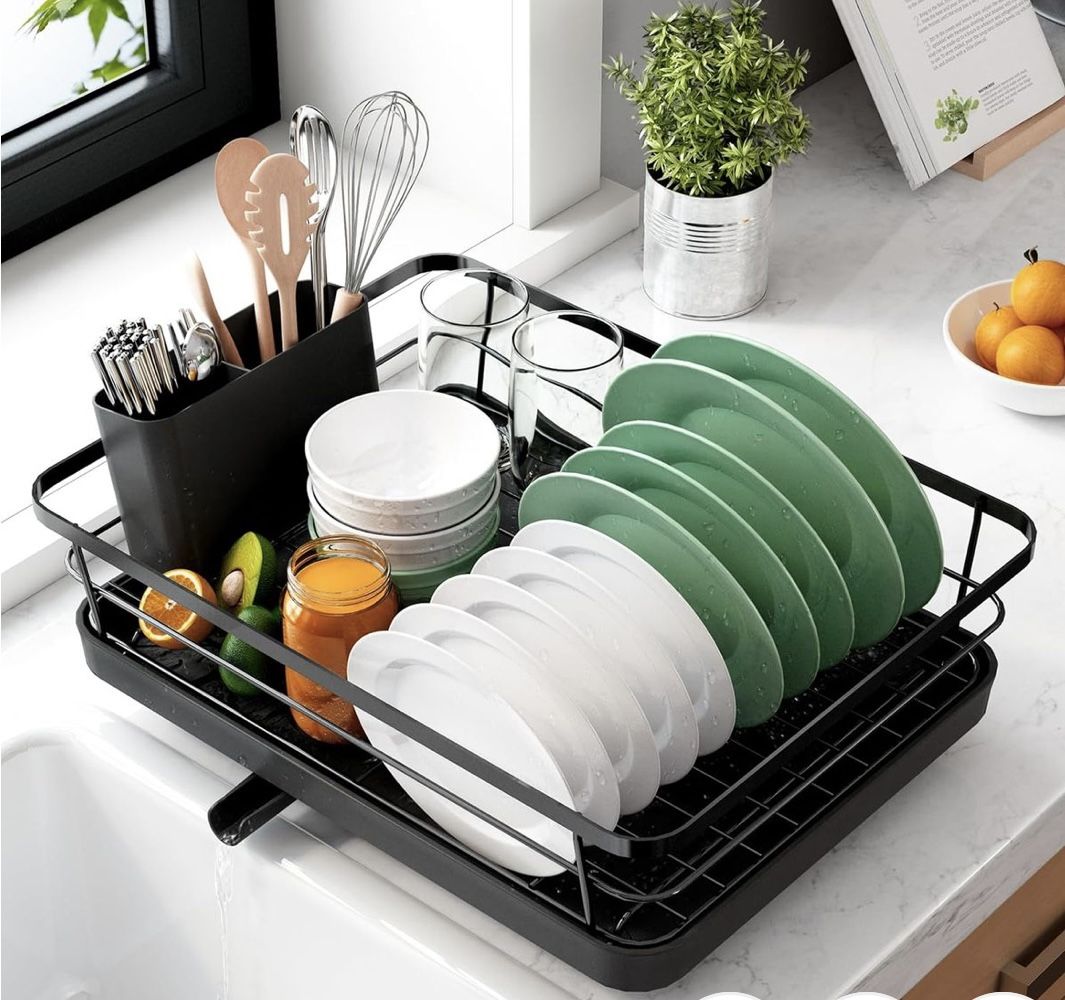 Kitsure Dish Drying Rack for Kitchen Counter, Stainless Steel Sink Organization and Storage Essentials with Cutlery Holder, Home and Appartment Decor,