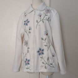 Alfred Dunner White Fleece Jacket Size Medium Full Zip Embroidered and Beaded Jacket with Pockets