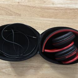 PowerLocus Bluetooth Headphones Wireless Over-Ear Red Black w/ Case & AUX Cable