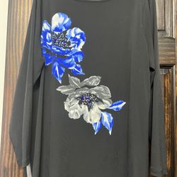 Susan Graver Artisan Blouse Womens Size L Black Floral Liquid Knit Beaded Top NWOT
