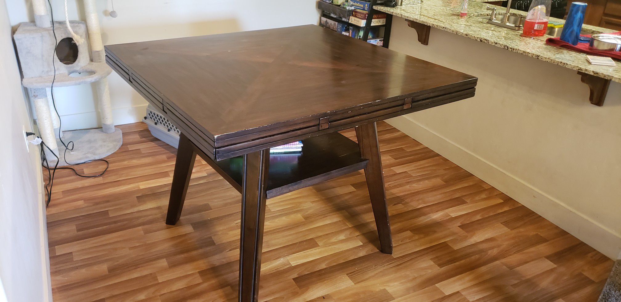 Dark oak dining table with 6 chairs