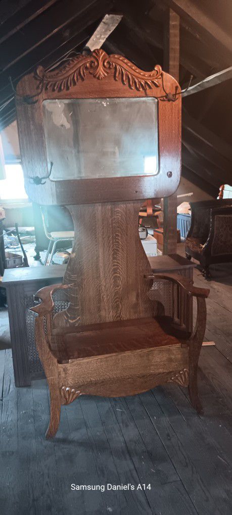 Antique tiger oak Hall tree Bench