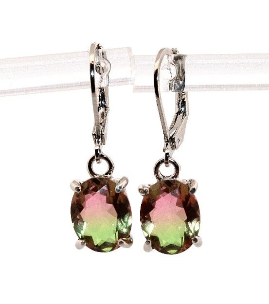 Oval Pink & Green Watermelon Tourmaline Silver Dangle Earrings 216