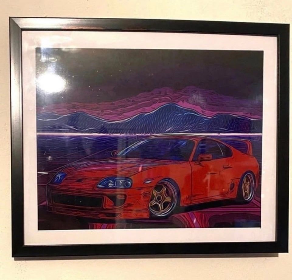 Retro Tron Toyota Supra Art Piece on black frame