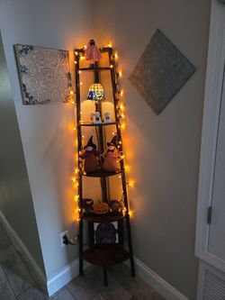 Tall Corner Ladder Shelf Dark Wood
