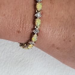 Vintage Yellow Opal Set On 925 Sterling Silver Bracelet 7.5"